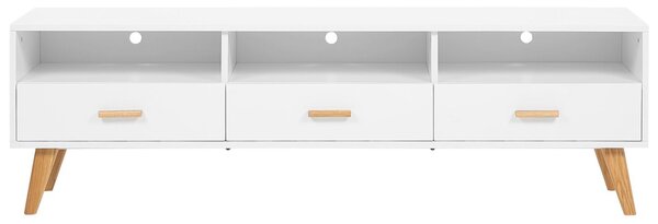 TV stolík biela svetlé drevo MDF 55 x 180 x 40 cm nohy z dubového dreva úložný priestor 3 zásuvky 3 otvorené police moderný štýl obývačka
