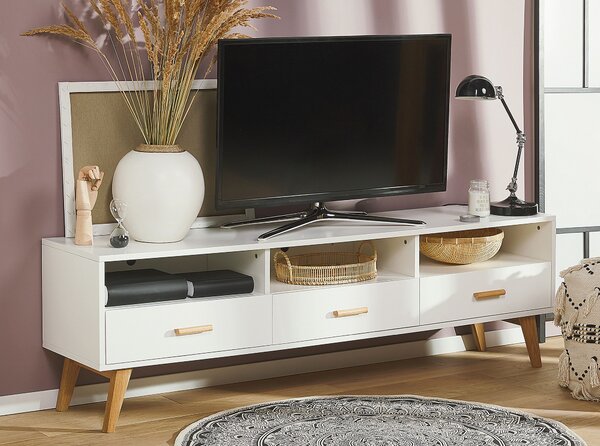 TV stolík biela svetlé drevo MDF 55 x 180 x 40 cm nohy z dubového dreva úložný priestor 3 zásuvky 3 otvorené police moderný štýl obývačka
