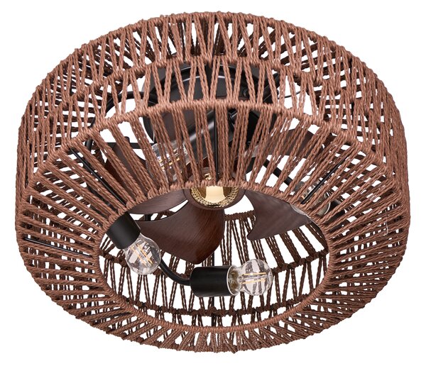 Stropný ventilátor so svetlom železná základňa plastové lopatky hnedé šnúrové tienidlo časovač diaľkové ovládanie boho štýl
