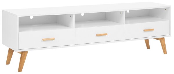 TV stolík biela svetlé drevo MDF 55 x 180 x 40 cm nohy z dubového dreva úložný priestor 3 zásuvky 3 otvorené police moderný štýl obývačka