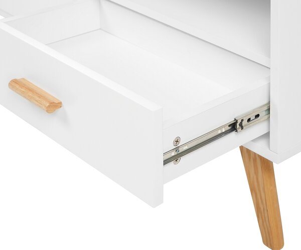 TV stolík biela svetlé drevo MDF 55 x 180 x 40 cm nohy z dubového dreva úložný priestor 3 zásuvky 3 otvorené police moderný štýl obývačka