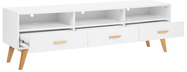 TV stolík biela svetlé drevo MDF 55 x 180 x 40 cm nohy z dubového dreva úložný priestor 3 zásuvky 3 otvorené police moderný štýl obývačka