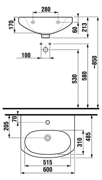Mereo, Mereo Umývadlo s otvorom pre batériu 60 cm, MER-VSD60NA (H8107930001042)