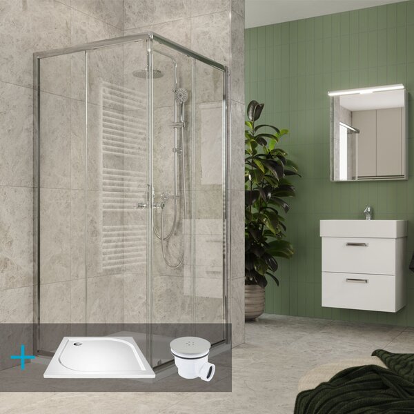 Mereo, Mereo Kora Lite sprchový set: sprchovací kút 80x80x185cm, chróm ALU, sklo číre, 80 cm, vanička, sifón, MER-CK34133ZM