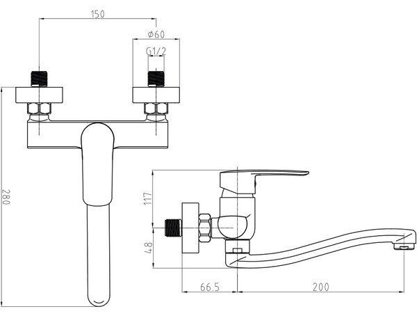 Mereo, Mereo Drezová nástenná batéria, Pego, 150 mm, s ramienkom plochým vyhnutým 200 mm, chróm, MER-CB301P