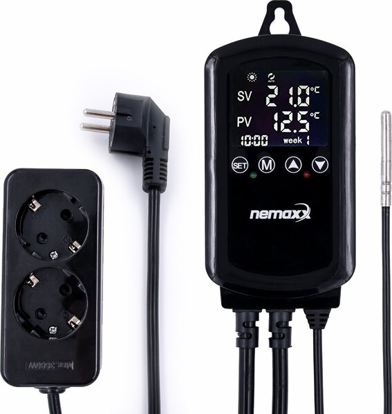 NEMAXX® NTP16 zásuvkový termostat 230 V (3000 W/16 A) s NTC snímačom 2 m, režim kúrenia/chladenia, týždenný program, 2 zásuvky