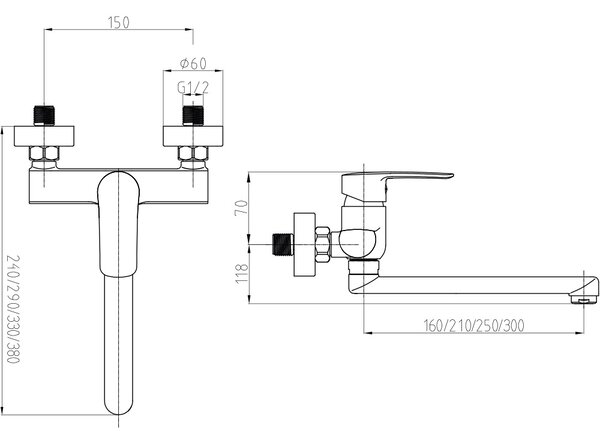 Mereo, Mereo Drezová nástenná batéria, Pego, 150 mm, s ramienkom plochým rovným 250 mm, chróm, MER-CB30201P