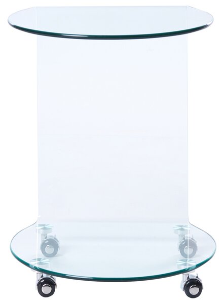 Odkladací stolík priehľadný tvrdené sklo 57 x 45 cm s kolieskami tvar písmena C moderný minimalistický štýl obývacia izba
