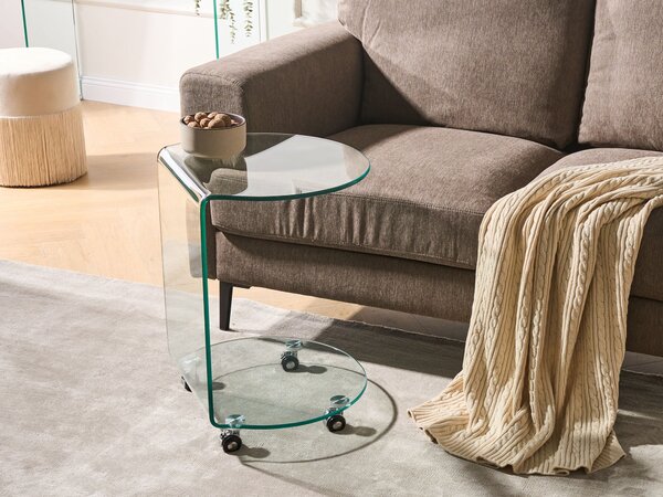 Odkladací stolík priehľadný tvrdené sklo 57 x 45 cm s kolieskami tvar písmena C moderný minimalistický štýl obývacia izba