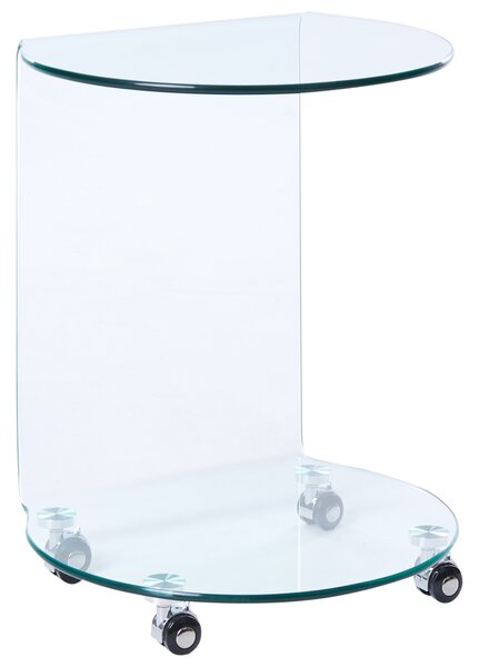 Odkladací stolík priehľadný tvrdené sklo 57 x 45 cm s kolieskami tvar písmena C moderný minimalistický štýl obývacia izba