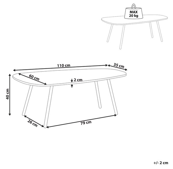 Konferenčný stolík biely s čiernym MDF povrchom 110 x 60 cm Kovové nohy Moderná obývačka