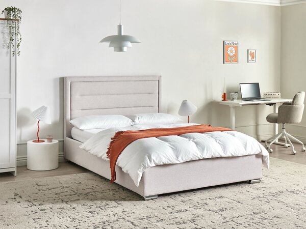 Posteľ s úložným priestorom svetlobéžová látkové čalúnenie polyester 140 x 200 cm čalúnené čelo lamelový rošt moderný štýl spálňa