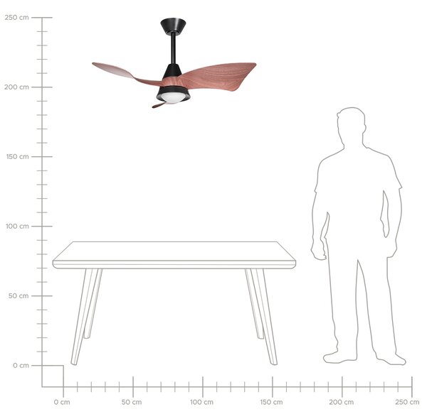 Stropný ventilátor s LED čierna železná základňa plastové lopatky s efektom dreva časovač 3 teplotné režimy diaľkové ovládanie