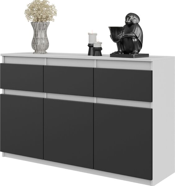 FURNICA - NOAH - Komoda s 3 zásuvkami a 3 dvierkami - biela matná / antracitovo sivá V75cm Š120cm H35cm