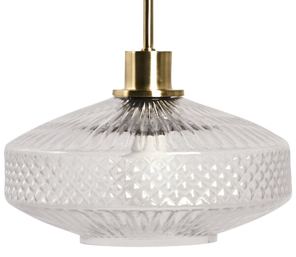 Závesná lampa priehľadná sklenené tienidlo zlatá kovová základňa krištáľový efekt moderný glamour štýl obývacia izba spálňa