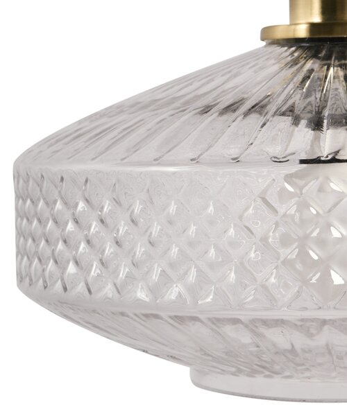 Závesná lampa priehľadná sklenené tienidlo zlatá kovová základňa krištáľový efekt moderný glamour štýl obývacia izba spálňa