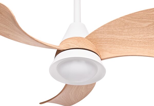 Stropný ventilátor s LED biela železná základňa plastové lopatky s efektom dreva časovač 3 teplotné režimy diaľkové ovládanie