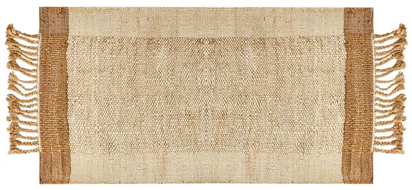 Koberec béžový jutový 80 x 150 cm obdĺžnikový ručne tkaný so strapcami boho dizajn spálňa obývacia izba