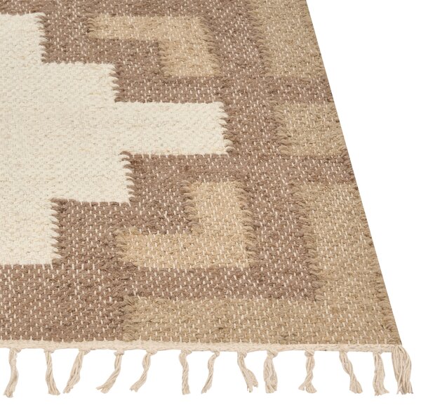 Koberec béžový juta bavlna 200 x 300 cm ručne vyrobený so strapcami a vzorom boho štýl bytové textilné doplnky