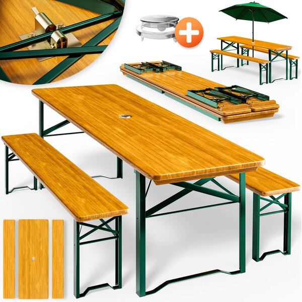 CASARIA® Pivný stanový set 170 cm Skladací stabilný 3 kusy 2x Pivná lavica 1x iroký stôl Drevený pivný stôl Slávnostný stanový set Pivný záhradný pivný set