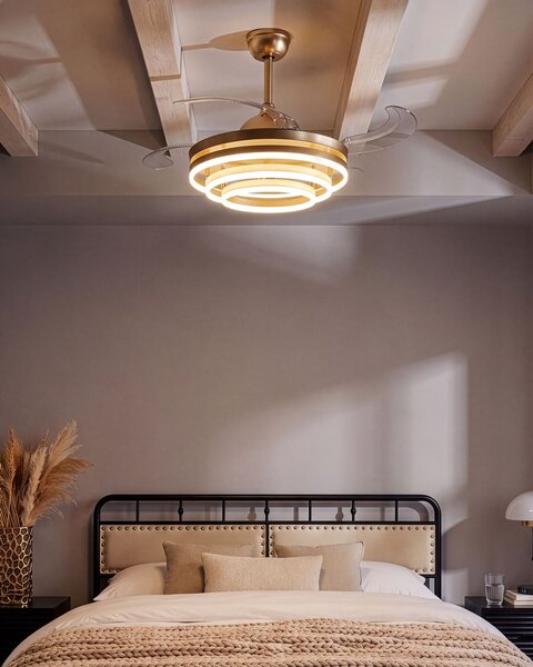 LED stropný ventilátor zlatý kovová základňa plastové lopatky časovač 3 teplotné režimy nastavenie jasu diaľkové ovládanie