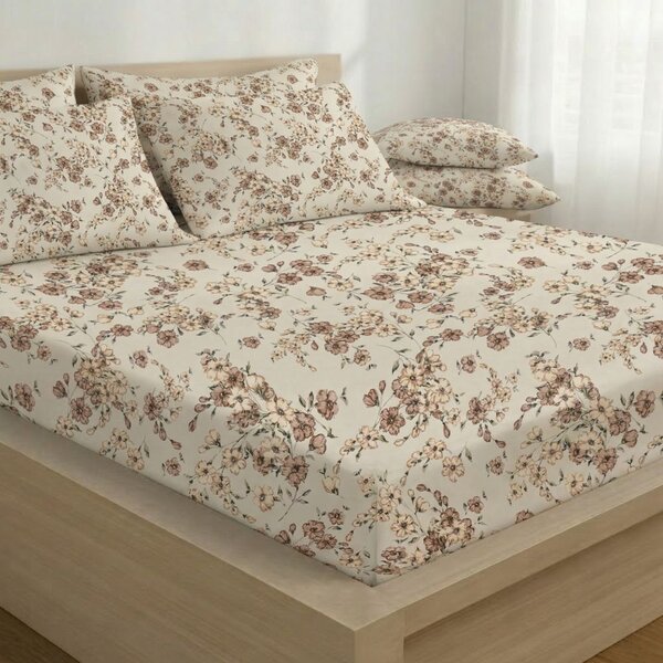 Kvalitex Bavlnené napínacie prestieradlo Kvety béžové 80x200cm