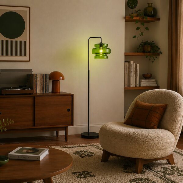 Retro stojaca lampa čierna so zeleným sklom - Denise