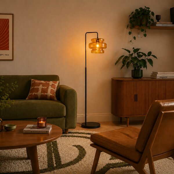 Retro stojacia lampa čierna s oranžovým sklom - Denise