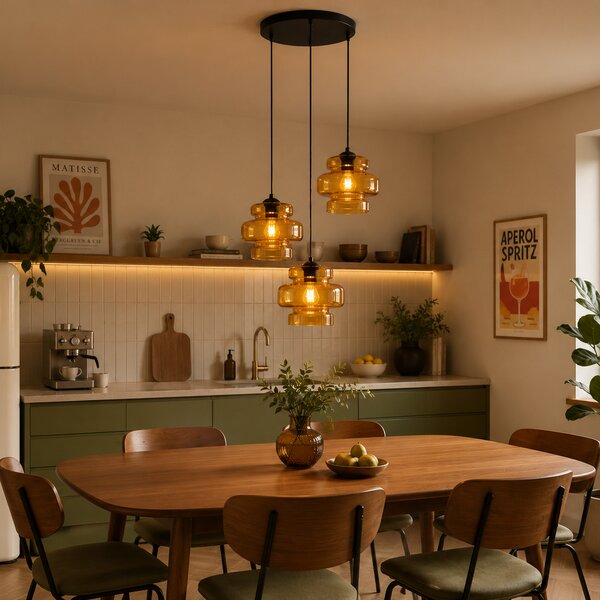 Retro závesná lampa čierna s oranžovým sklom 3-svetlá - Denise