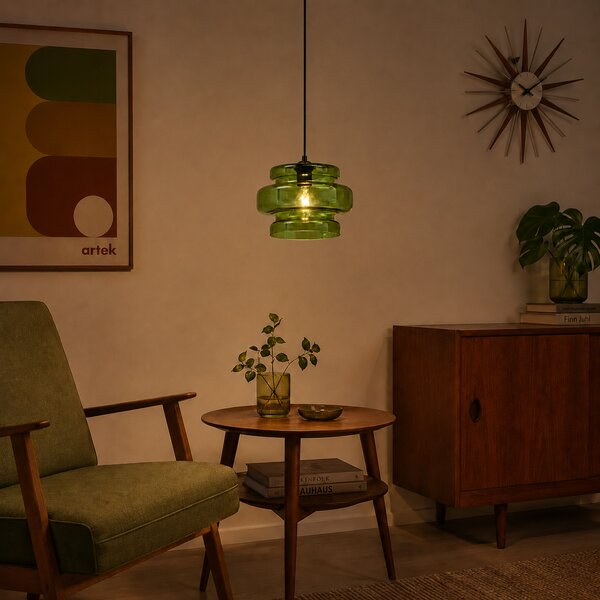Retro závesná lampa čierna so zeleným sklom - Denise