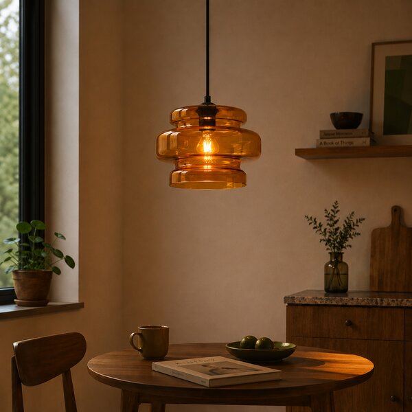 Retro závesná lampa čierna s oranžovým sklom - Denise