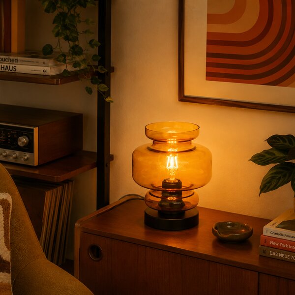 Retro stolná lampa čierna s oranžovým sklom - Denise