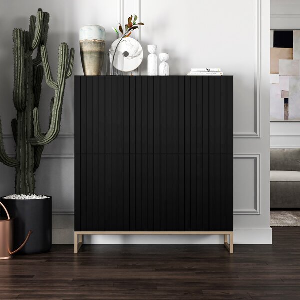 Komoda RTV Glamour 4D TV skrinka Moderný nábytok Lindner 112cm x 36,5cm x 126cm Farba: ierna matná Rám: Zlatý kovový