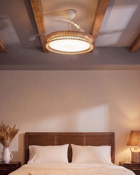 LED stropný ventilátor biela železná základňa plastové lopatky nastavenie jasu časovač 3 teplotné režimy diaľkové ovládanie boho štýl