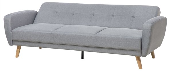 Rozkladacia pohovka sivá látková čalúnená 3-miestna vhodná na spanie drevené nohy moderná minimalistická obývacia izba