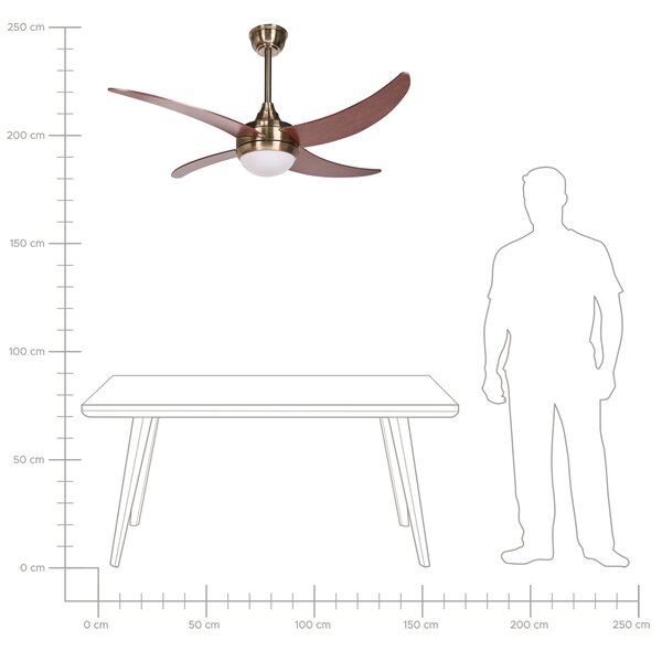 Stropný ventilátor s LED mosadzný železná základňa plastové lopatky s efektom dreva časovač diaľkové ovládanie