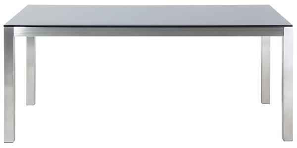 Záhradný jedálenský stôl čierna sklenená doska 180 x 90 cm pre 6 osôb strieborné nohy z nehrdzavejúcej ocele