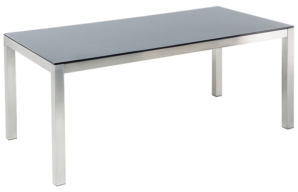 Záhradný jedálenský stôl čierna sklenená doska 180 x 90 cm pre 6 osôb strieborné nohy z nehrdzavejúcej ocele
