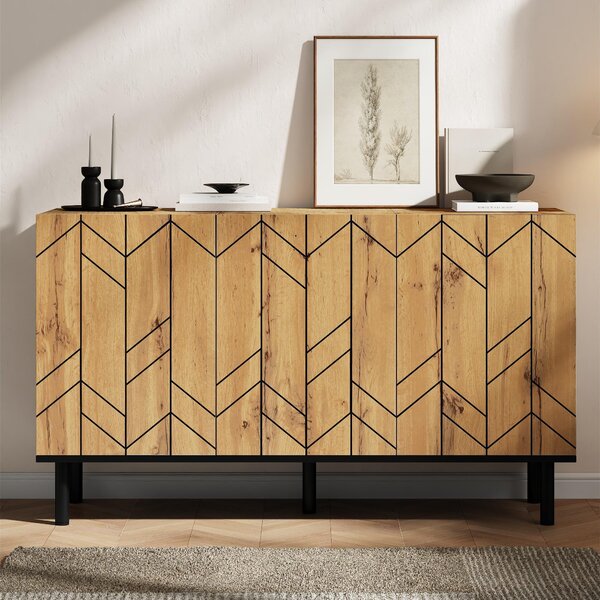 Moderná komoda s 3 dvierkami, rozmer 120x35x70 cm, s dekorom vlnitého vzoru, vyrobená z drevotriesky s čiernymi kovovými nohami, vhodná do obývačky, jedálne a predsiene
