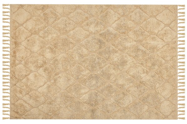 Koberec béžová bavlna 160 x 230 cm geometrický vzor so strapcami ručne všívaný boho moderný štýl obývačka spálňa