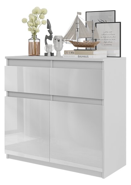 FURNICA - NOAH - Komoda s 2 zásuvkami a 2 dvierkami - biela matná / biely lesk V75cm Š80cm H35cm