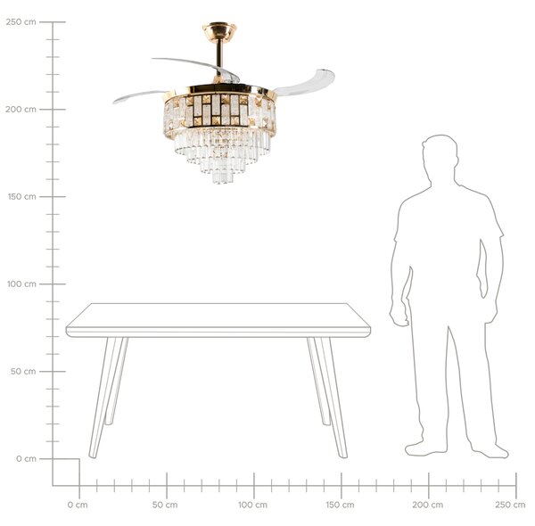 Stropný ventilátor s LED svetlom zlatý kovová základňa sklenené tienidlo plastové lopatky časovač 3 teplotné režimy nastavenie jasu