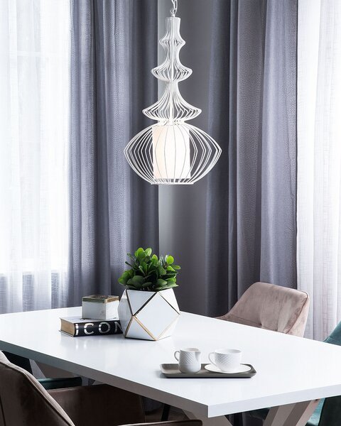 Závesná lampa biela kovové tienidlo v tvare klietky industriálny glamour dizajn