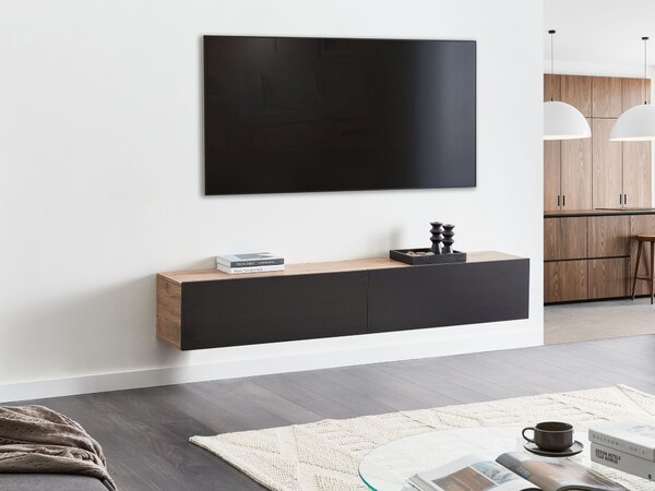 Závesná skrinka pod TV čierna a hnedá 180 cm tv stolík na stenu minimalistický dizajn obývacia izba