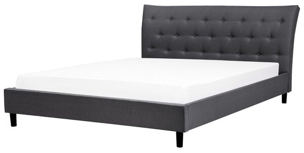 Posteľ tmavosivá látkové čalúnenie 180 x 200 cm prešívané čelo s gombíkmi v štýle Chesterfield lamelový rošt drevené nohy moderný štýl spálňa