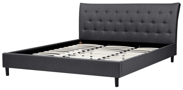 Posteľ tmavosivá látkové čalúnenie 180 x 200 cm prešívané čelo s gombíkmi v štýle Chesterfield lamelový rošt drevené nohy moderný štýl spálňa