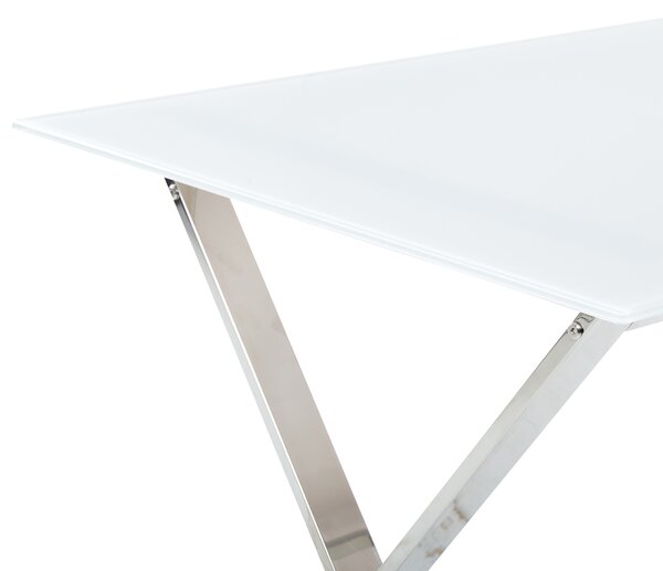 Jedálenský stôl biela doska z tvrdeného skla 120 x 70 cm strieborné kovové nohy lesklý povrch obdĺžnikový glamour