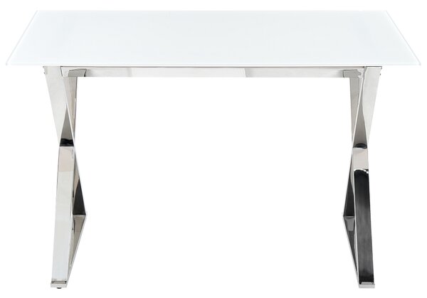 Jedálenský stôl biela doska z tvrdeného skla 120 x 70 cm strieborné kovové nohy lesklý povrch obdĺžnikový glamour