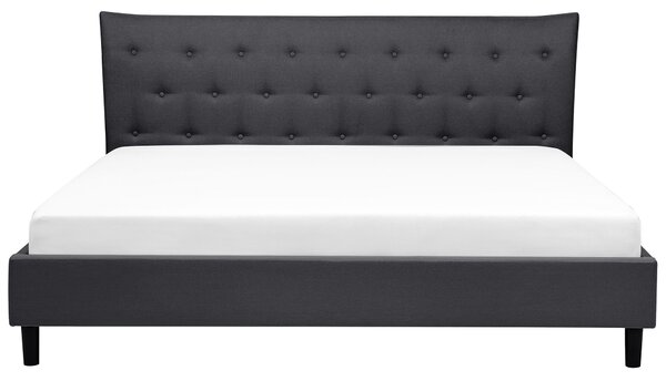 Posteľ tmavosivá látkové čalúnenie 180 x 200 cm prešívané čelo s gombíkmi v štýle Chesterfield lamelový rošt drevené nohy moderný štýl spálňa