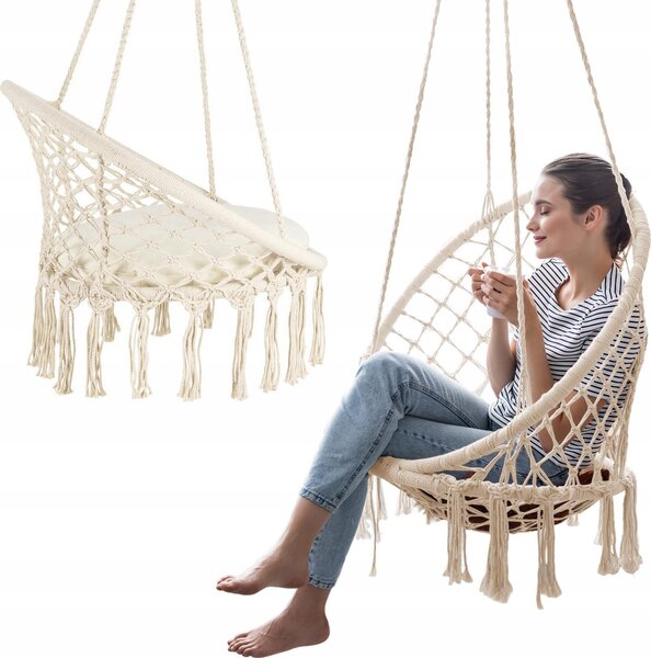 Outtec® Závesné kreslo XXL s vankúšom - do 150 kg - závesné kreslo - interiér a exteriér - závesný kôš, hojdačka na záhradu, terasu, balkón - Boho